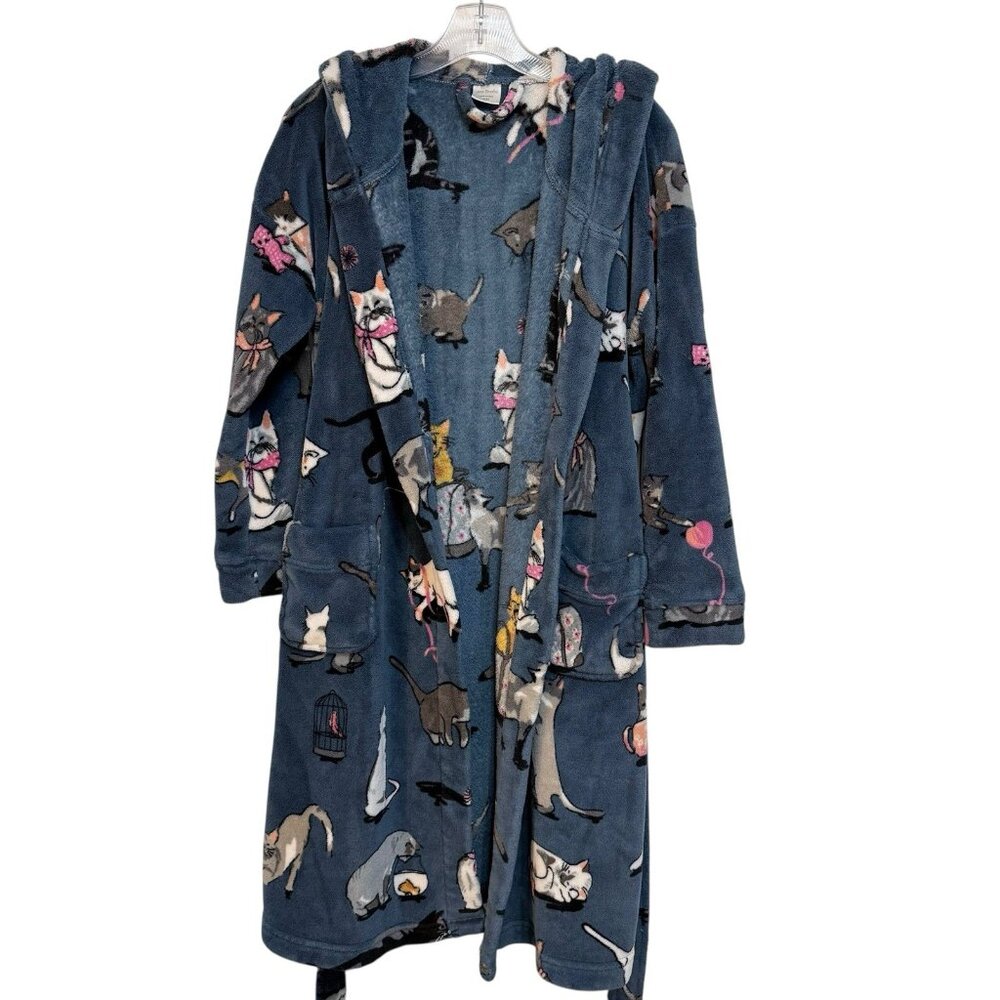Vera Bradley Navy Plush Hooded Robe with Multicolor Cat Print